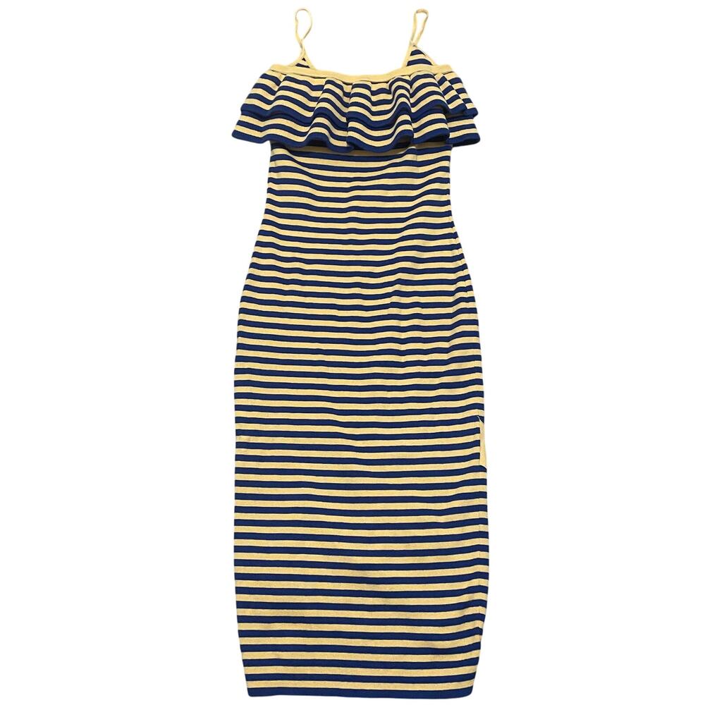 Victor‎ Glemaud Women's XS Yellow Navy Striped Ruffle Cotton Cashmere Midi Dress